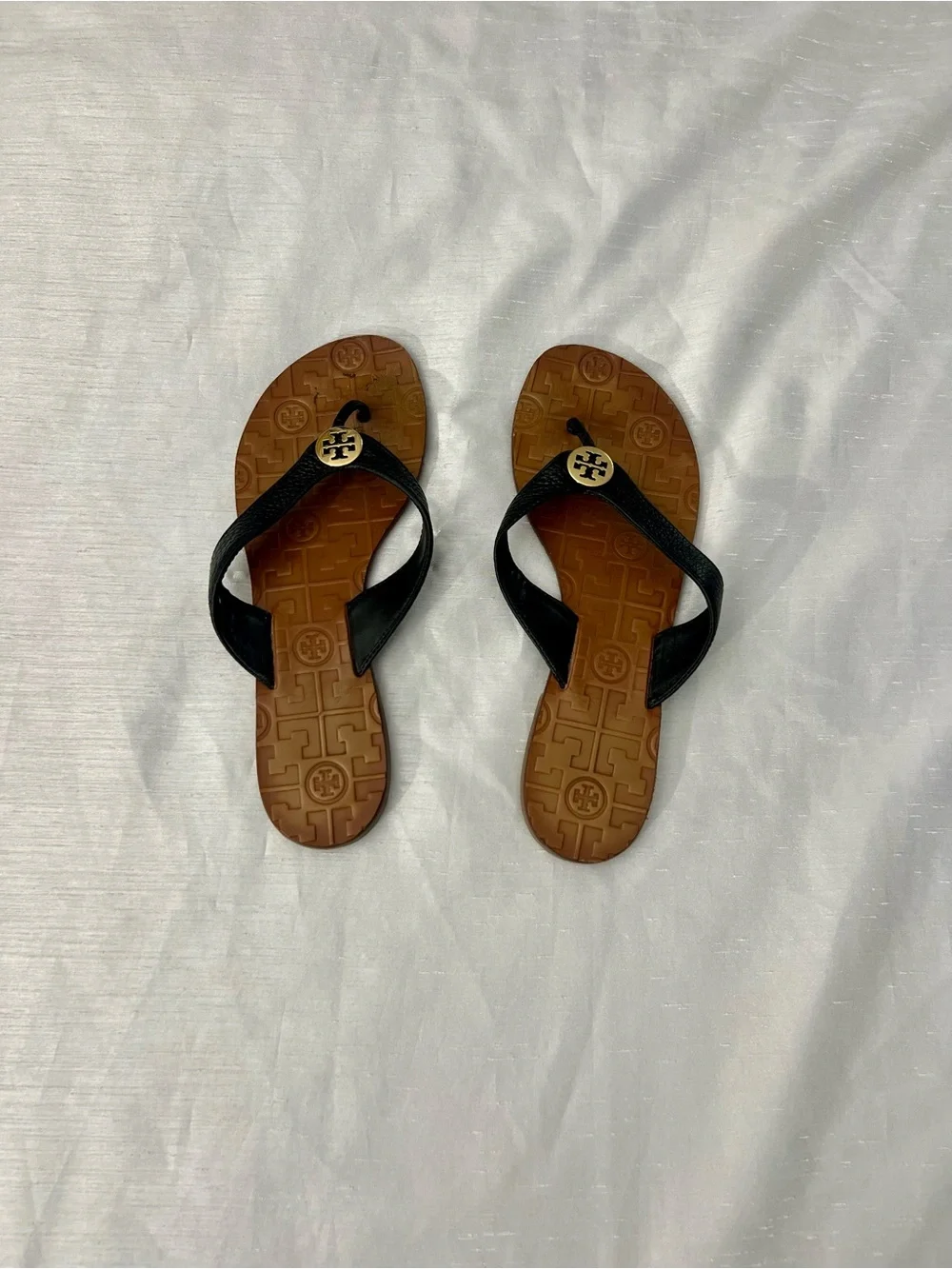 Tory Burch Black Strappy Logo Thong Sandals with Brown Footbed